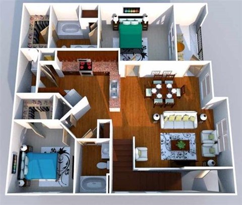 A 3D floor plan of a house showing a kitchen, living room, dining area, and bedrooms.